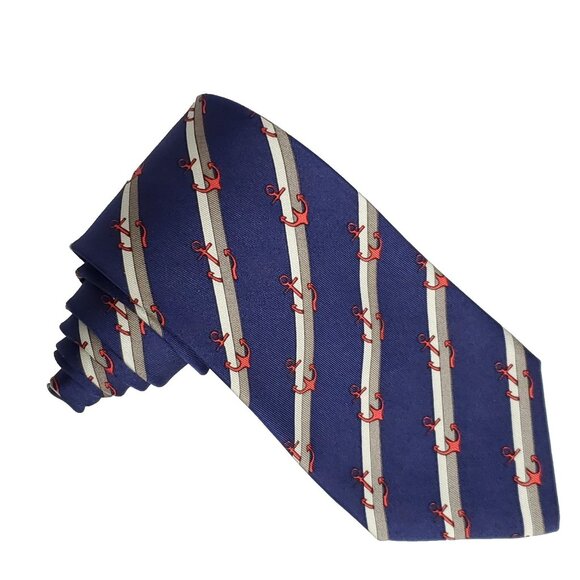 Hermes Mens Silk Tie Necktie Nautical Anchor Boating Sailing Navy Blue Red - Picture 1 of 7